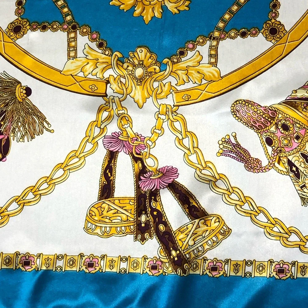 Scarf Square Satin Charmeuse 36 inches Turquoise Aqua Blue Gold Chain Design